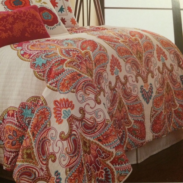 Moroccan Medallion Paisley Floral Aqua Orange Red White King Quilt Set 3 ~New~
