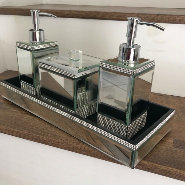 Bella Lux Bathroom Crystal Mirrors Cotton Ball Soap Pump Dispenser Tray Set 4