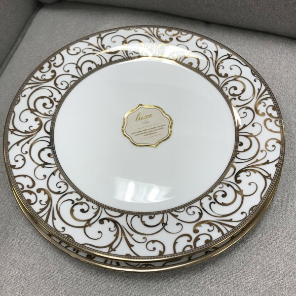 (6) Ciroa Luxe Metallic Gold Scroll Velluto Dinner Plates ~NEW ~