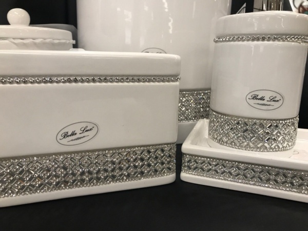Bella Lux Bathroom Accessory Ceramic Crystal Set 6 ~ New 