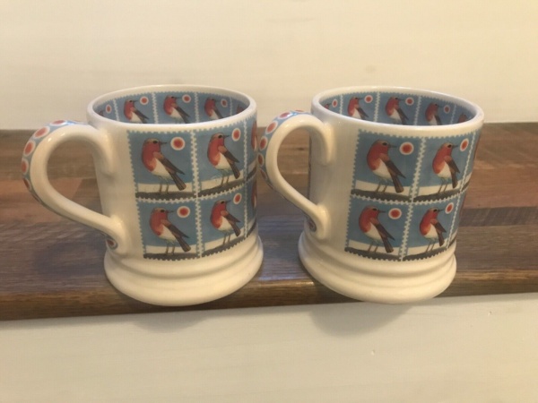 Emma Bridgewater CHRISTMAS STAMPS Bird Coffee Tea Mugs Set 2 ~NEW ~