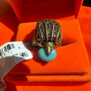 Kurt Geiger Antique Gold Owl Ring With Turquoise Stone Size 9