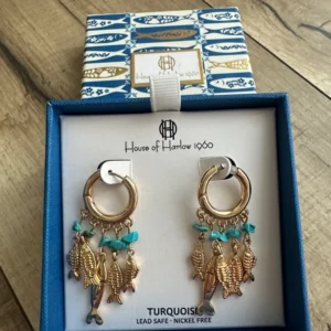 House Of Harlow 1960 Gold Hoop Earrings With Turquoise Beads And Fish Charms