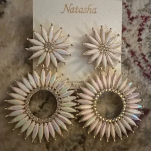 Natasha Couture Iridescent Pink Daisy Hoop Drop Earrings